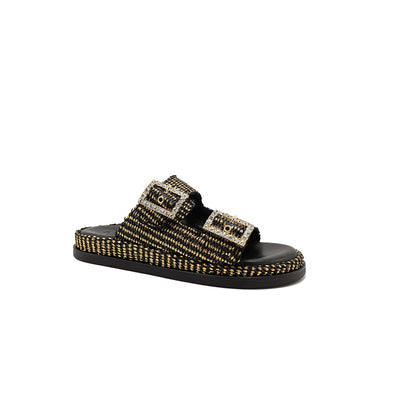 Greta - Black/Gold | Sandales en Raphia