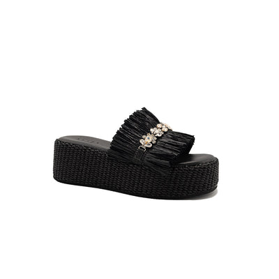 Olympia - Black | Sandali con zeppa in Rafia