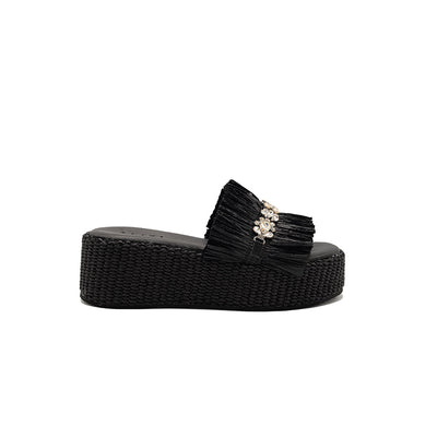 Olympia - Black | Sandalias con Cuña de Rafia